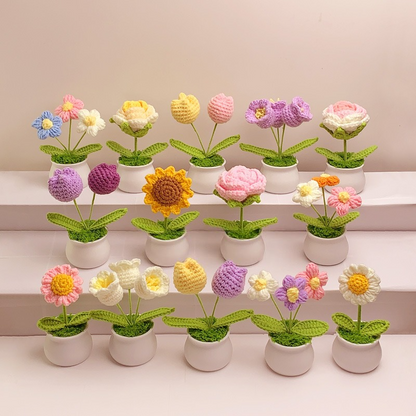 [Blind Box] 3 Crochet Accessories + 2 DIY Plush Pet, Finished hand-woven small flower potted plant home decoration wool crochet artificial flower sunflower lily of the valley rose bouquet