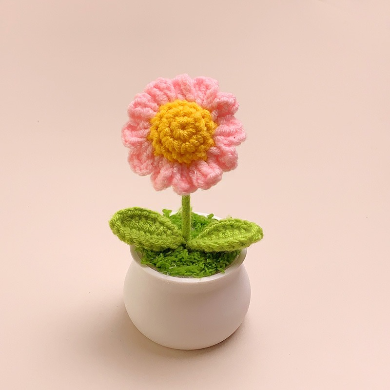 [Blind Box] 3 Crochet Accessories + 2 DIY Plush Pet, Finished hand-woven small flower potted plant home decoration wool crochet artificial flower sunflower lily of the valley rose bouquet