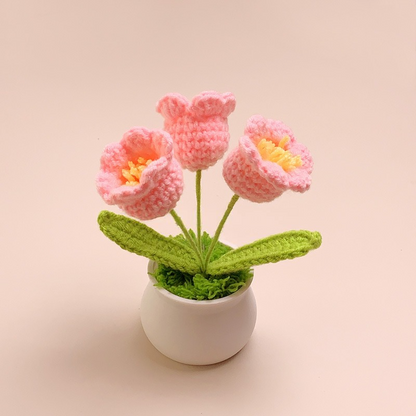 [Blind Box] 3 Crochet Accessories + 2 DIY Plush Pet, Finished hand-woven small flower potted plant home decoration wool crochet artificial flower sunflower lily of the valley rose bouquet