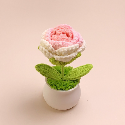 [Blind Box] 3 Crochet Accessories + 2 DIY Plush Pet, Finished hand-woven small flower potted plant home decoration wool crochet artificial flower sunflower lily of the valley rose bouquet