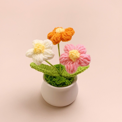 [Blind Box] 3 Crochet Accessories + 2 DIY Plush Pet, Finished hand-woven small flower potted plant home decoration wool crochet artificial flower sunflower lily of the valley rose bouquet