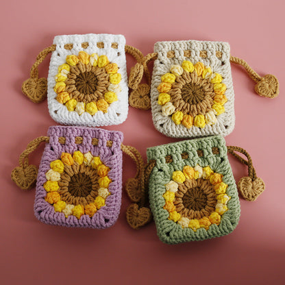 [Blind Box] 3 Crochet Accessories + 2 DIY Plush Pet, Sweet Sunflower Handmade Crochet Mini Drawstring Bag, Snow Five Wool Crochet Earphone Case, Sunflower Coin Purse