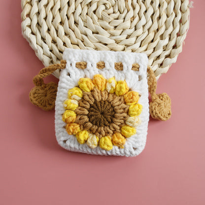 [Blind Box] 3 Crochet Accessories + 2 DIY Plush Pet, Sweet Sunflower Handmade Crochet Mini Drawstring Bag, Snow Five Wool Crochet Earphone Case, Sunflower Coin Purse