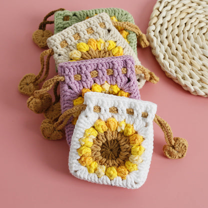 [Blind Box] 3 Crochet Accessories + 2 DIY Plush Pet, Sweet Sunflower Handmade Crochet Mini Drawstring Bag, Snow Five Wool Crochet Earphone Case, Sunflower Coin Purse