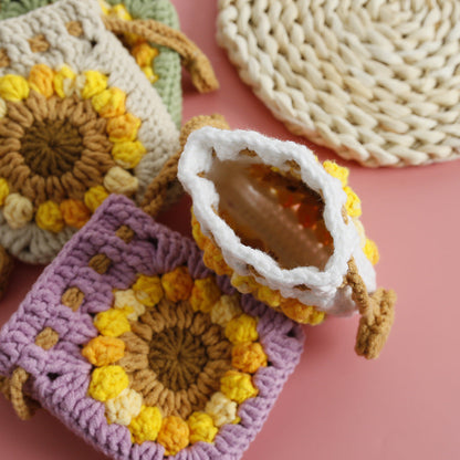 [Blind Box] 3 Crochet Accessories + 2 DIY Plush Pet, Sweet Sunflower Handmade Crochet Mini Drawstring Bag, Snow Five Wool Crochet Earphone Case, Sunflower Coin Purse