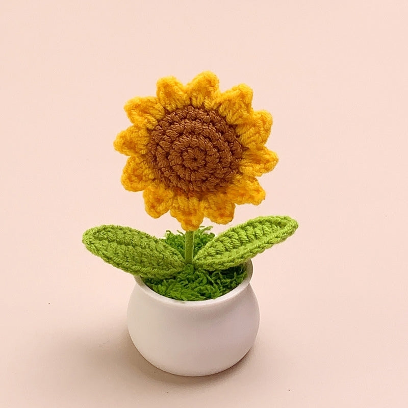 [Blind Box] 3 Crochet Accessories + 2 DIY Plush Pet, Finished hand-woven small flower potted plant home decoration wool crochet artificial flower sunflower lily of the valley rose bouquet