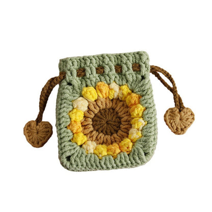 [Blind Box] 3 Crochet Accessories + 2 DIY Plush Pet, Sweet Sunflower Handmade Crochet Mini Drawstring Bag, Snow Five Wool Crochet Earphone Case, Sunflower Coin Purse