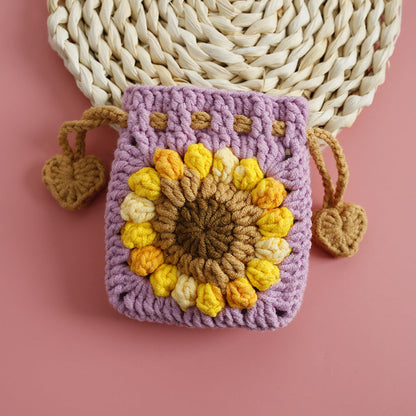 [Blind Box] 3 Crochet Accessories + 2 DIY Plush Pet, Sweet Sunflower Handmade Crochet Mini Drawstring Bag, Snow Five Wool Crochet Earphone Case, Sunflower Coin Purse