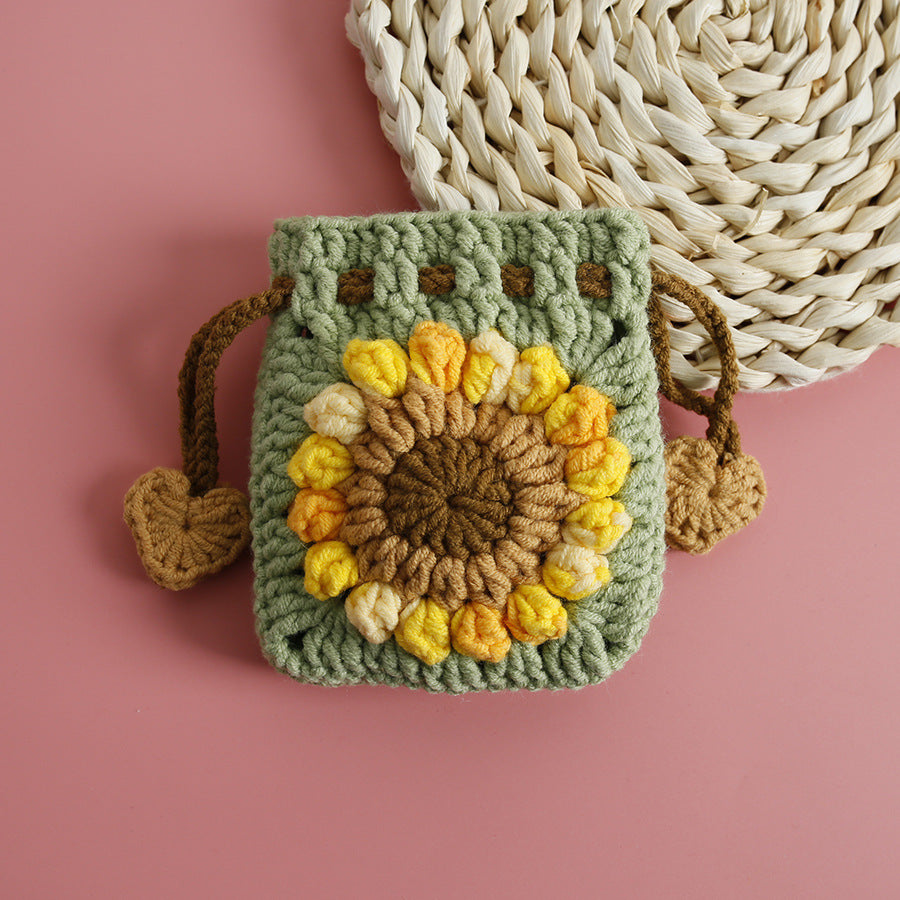 [Blind Box] 3 Crochet Accessories + 2 DIY Plush Pet, Sweet Sunflower Handmade Crochet Mini Drawstring Bag, Snow Five Wool Crochet Earphone Case, Sunflower Coin Purse