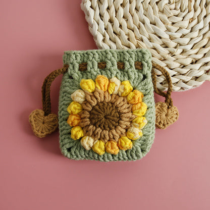 [Blind Box] 3 Crochet Accessories + 2 DIY Plush Pet, Sweet Sunflower Handmade Crochet Mini Drawstring Bag, Snow Five Wool Crochet Earphone Case, Sunflower Coin Purse