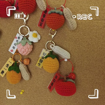 [Blind Box] 3 Crochet Accessories + 2 DIY Plush Pet, Cute fruit crochet persimmon strawberry keychain car bag hanging accessory good things happen wool pendant